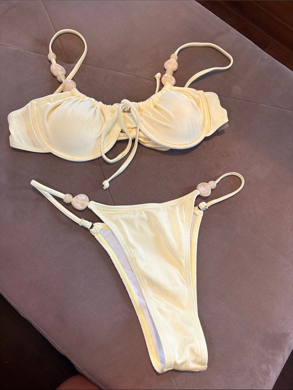 SHEIN Pale Yellow Ribbed Bikini Set with Bead Details